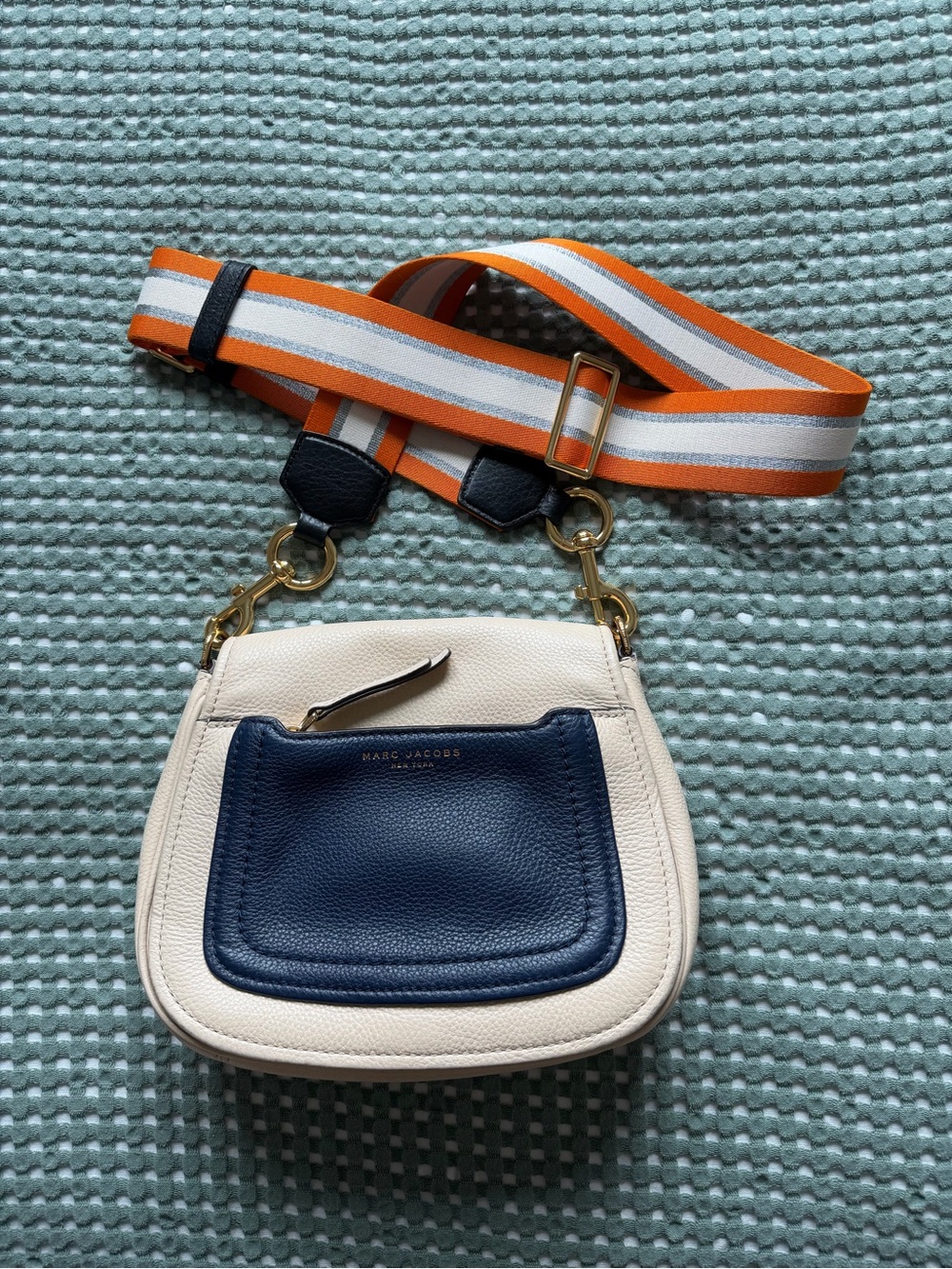 Marc Jacobs Cream and Navy Crossbody with Orange-Trimmed Stripe Strap
